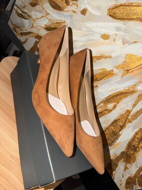 Ann Taylor Pointed-Toe Suede Pumps in Camel